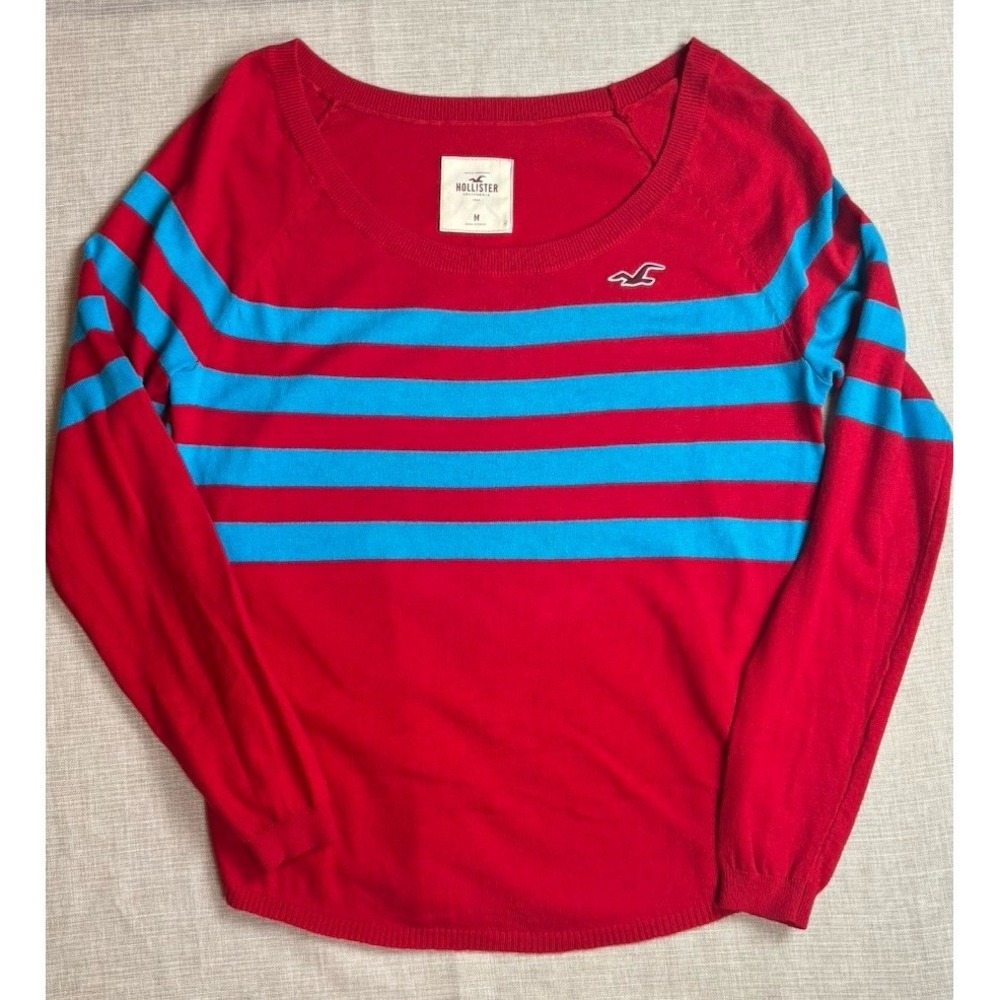 Hollister Sweater Womens Medium‎ Red Blue Striped Knit Long Sleeve